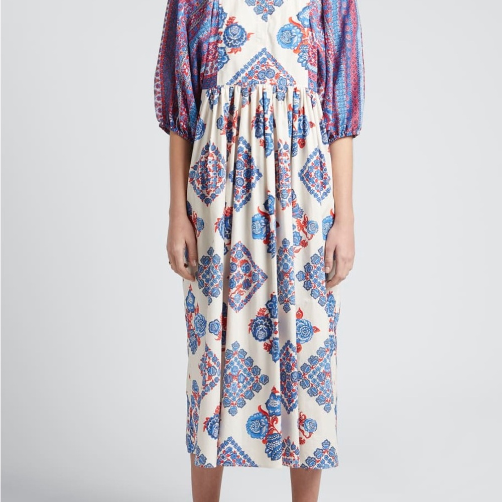 LA DoubleJ Blue and Red Patterned Midi Dress